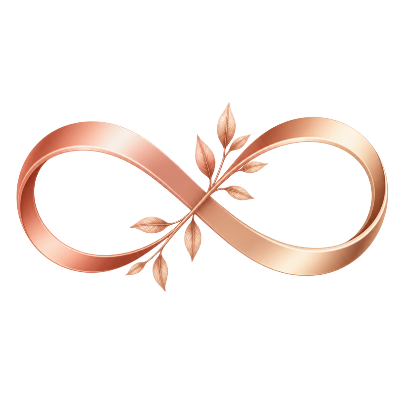 Símbolo Renasce: infinito em fita rosé com ramo de folhas